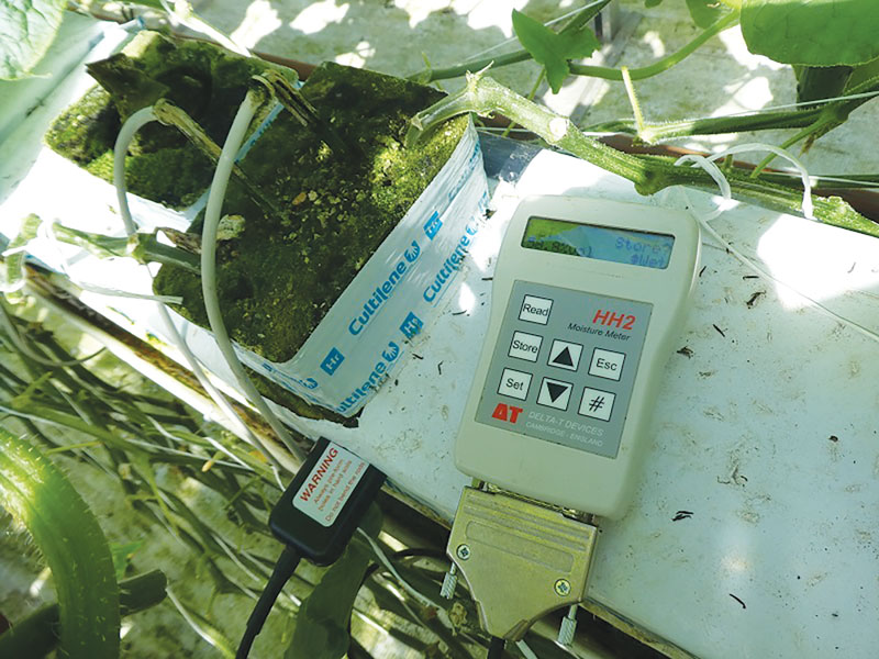 Water Content and EC meters give accurate data from stone-wool slabs. Having this information, the grower can use target figures to make sure he is meeting his objectives. 